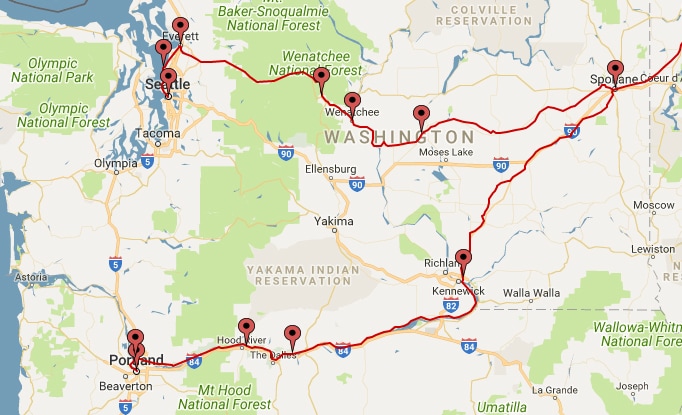 Kart reiserute Spokane - Seattle - Portland